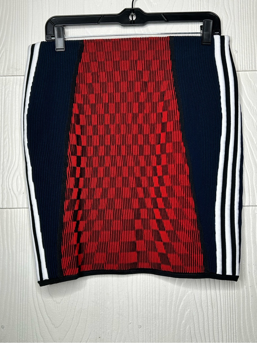 adidas Red & black Checker Knit Pencil Skirt with White Stripes